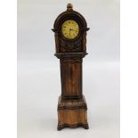 A MINIATURE HARDWOOD REPLICA GRANDFATHER CLOCK, H 34CM.