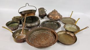 A BOX OF ASSORTED MIDDLE EASTERN AND ASIAN METAL WARE ARTIFACTS COMPRISING PANS, CONTAINER, VESSELS,