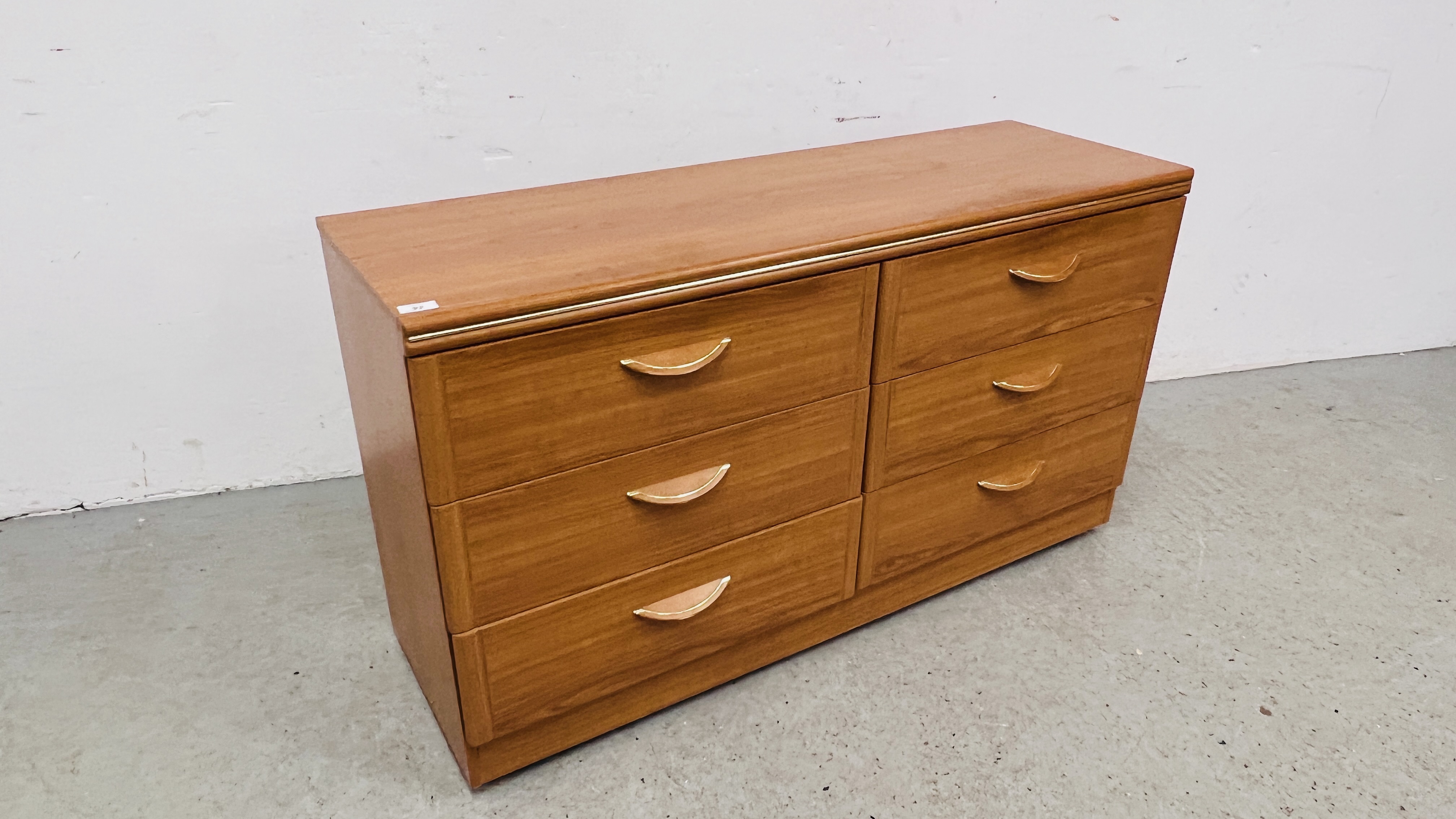 A MODERN ALSTONS CHERRY WOOD FINISH SIX DRAWER BEDROOM CHEST, W 124CM, D 41CM, H 70CM. - Image 2 of 4