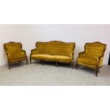 A CONTINENTAL STYLE THREE PIECE LOUNGE SUITE WITH GOLD VELOUR BUTTON BACK UPHOLSTERY (TRADE SALE