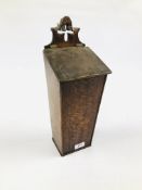 AN ANTIQUE OAK CANDLE BOX, H 44CM X D 14CM.