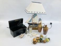 A QUANTITY OF COLLECTABLES TO INCLUDE A VINTAGE TIN TWO HANDLED BOX, TWO STONEWARE FLAGONS,