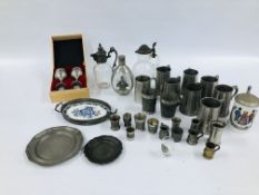 BOX OF ASSORTED PEWTER TO INCLUDE VINTAGE TANKARDS AND MEASURES,