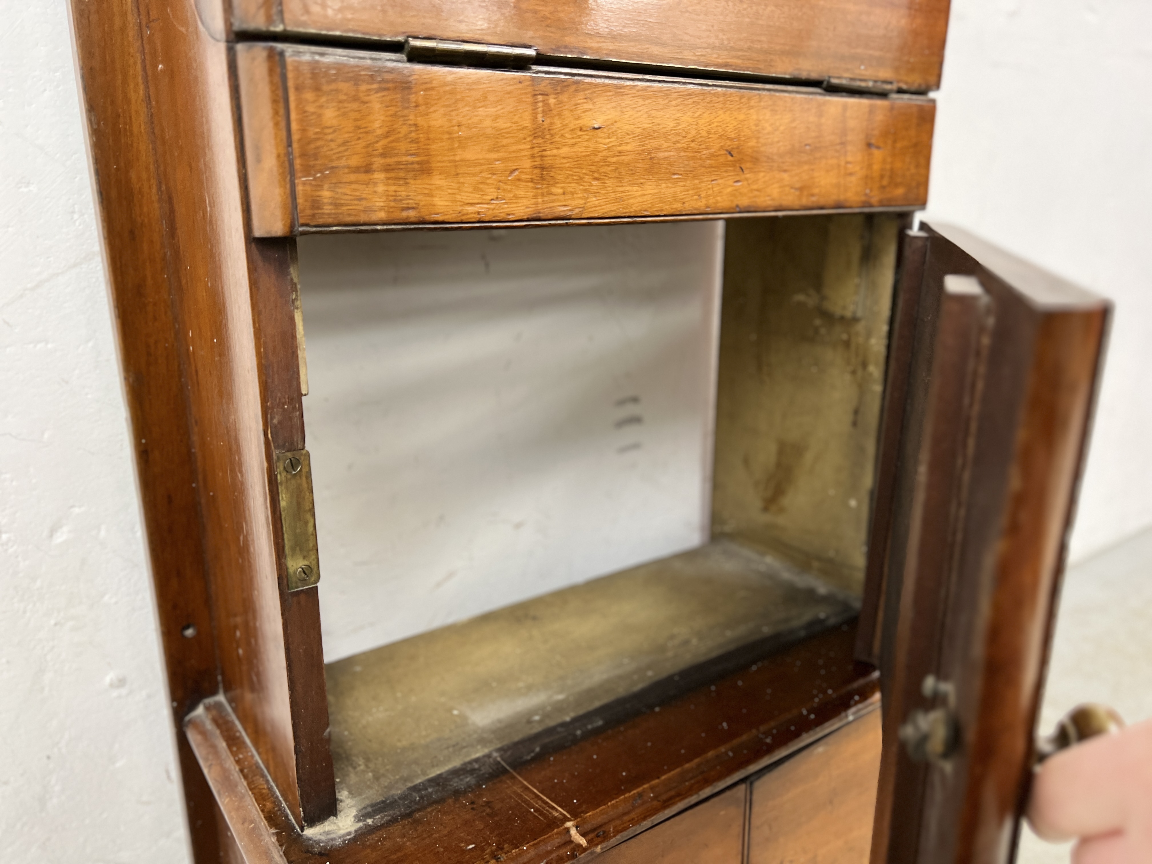 A VICTORIAN MAHOGANY SHIP'S WASH STAND WITH MIRRORED DOOR ABOVE - W 54CM X D 29CM X H 164CM. - Image 8 of 9