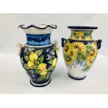 TWO LARGE CONTINENTAL GLAZED VASES ONE DECORATED WITH SUNFLOWERS, H 55.5CM THE OTHER LEMONS, H 56CM.