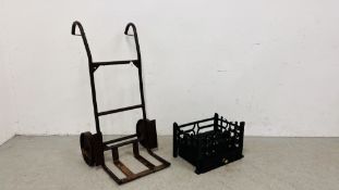 ANTIQUE CAST METAL FIRE GRATE WITH ACCESSORIES + A VINTAGE METAL SACK BARROW.