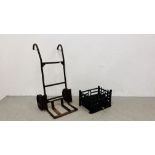 ANTIQUE CAST METAL FIRE GRATE WITH ACCESSORIES + A VINTAGE METAL SACK BARROW.