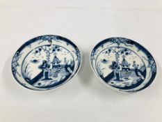 A PAIR OF LOWESTOFT BLUE AND WHITE SAUCERS, C.1770, DIAMETER 12CM.