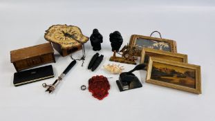 A BOX OF COLLECTABLES TO INCLUDE A GILT FRAMED CORK PICTURE,