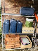 A COLLECTION OF EIGHT VINTAGE SUIT CASES INCLUDING LEATHER EXAMPLES ALONG WITH HARROD'S INSULATED