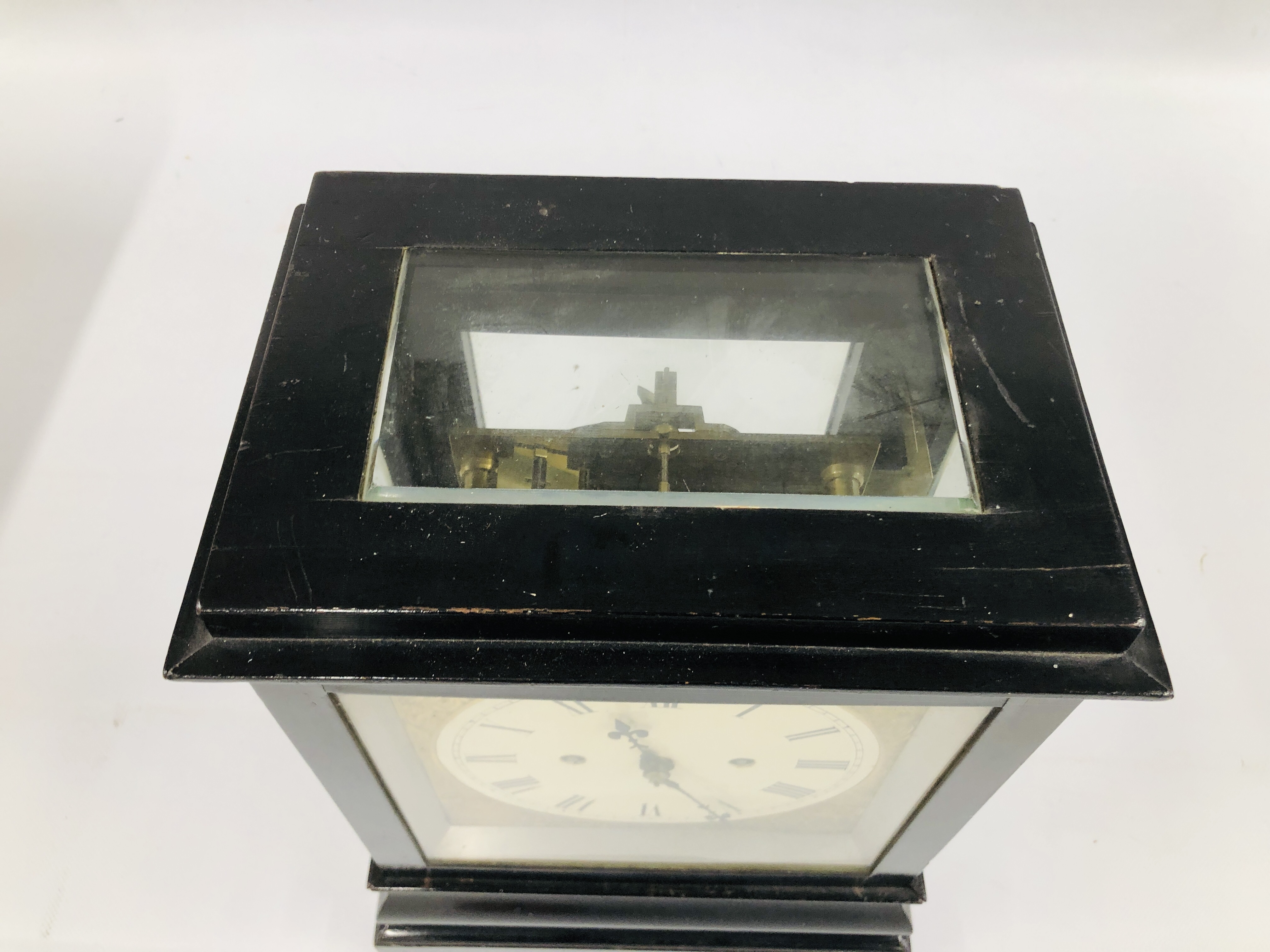 AN EDWARDIAN EBONISED MANTEL CLOCK, THE DOUBLE FUSEE MOVEMENT STRIKING ON A BELL, W 24CM, D 17CM, - Image 3 of 6
