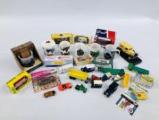 BOX CONTAINING ASSORTED DIE CAST AND OTHER MODEL VEHICLES TO INCLUDE COMMERCIALS AND PORCELAIN