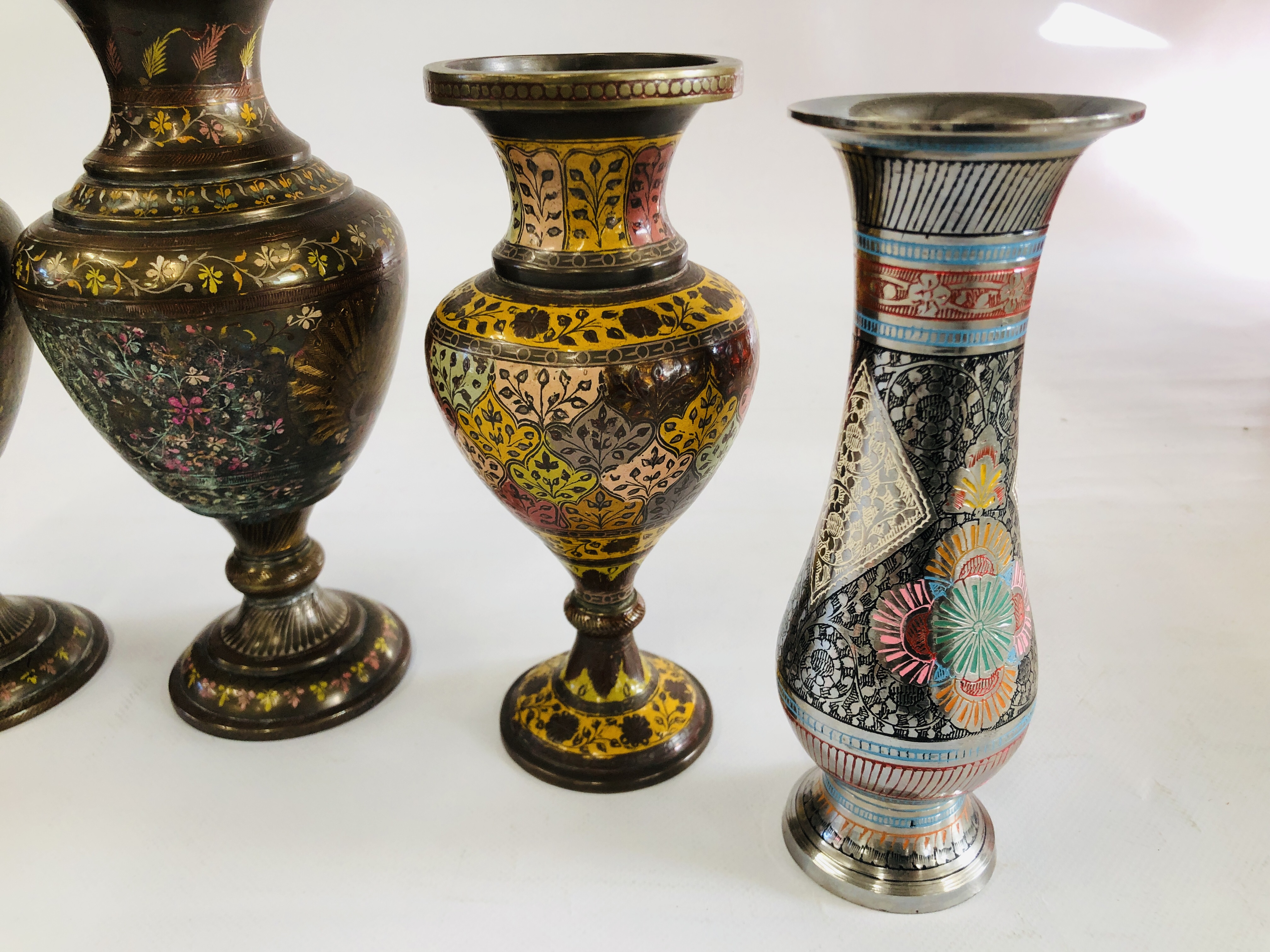 A PAIR OF BRASS VASES WITH CHASED PEACOCK AND HAND PAINTED DECORATION ALONG WITH A SMALLER VASE OF - Image 2 of 8