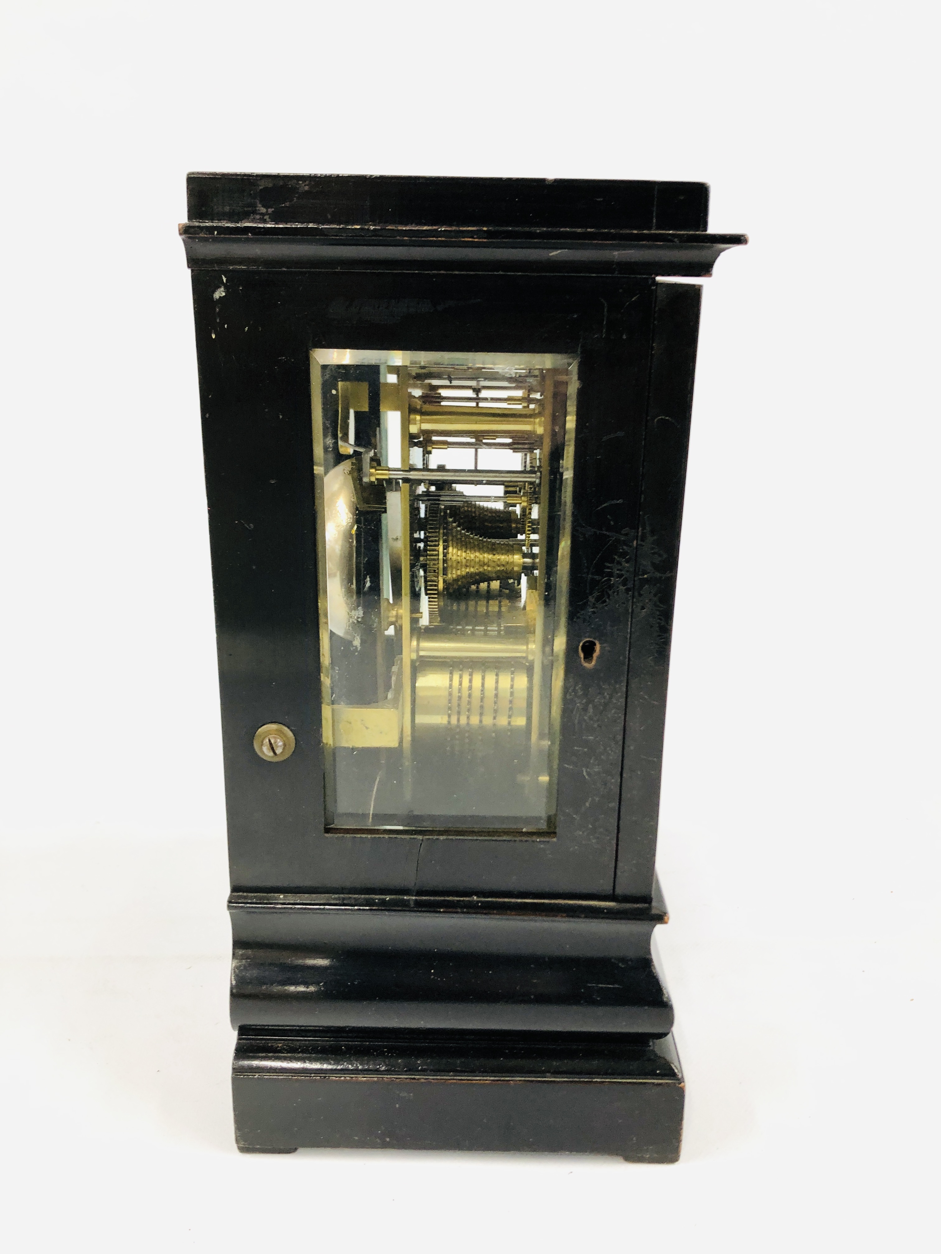 AN EDWARDIAN EBONISED MANTEL CLOCK, THE DOUBLE FUSEE MOVEMENT STRIKING ON A BELL, W 24CM, D 17CM, - Image 4 of 6