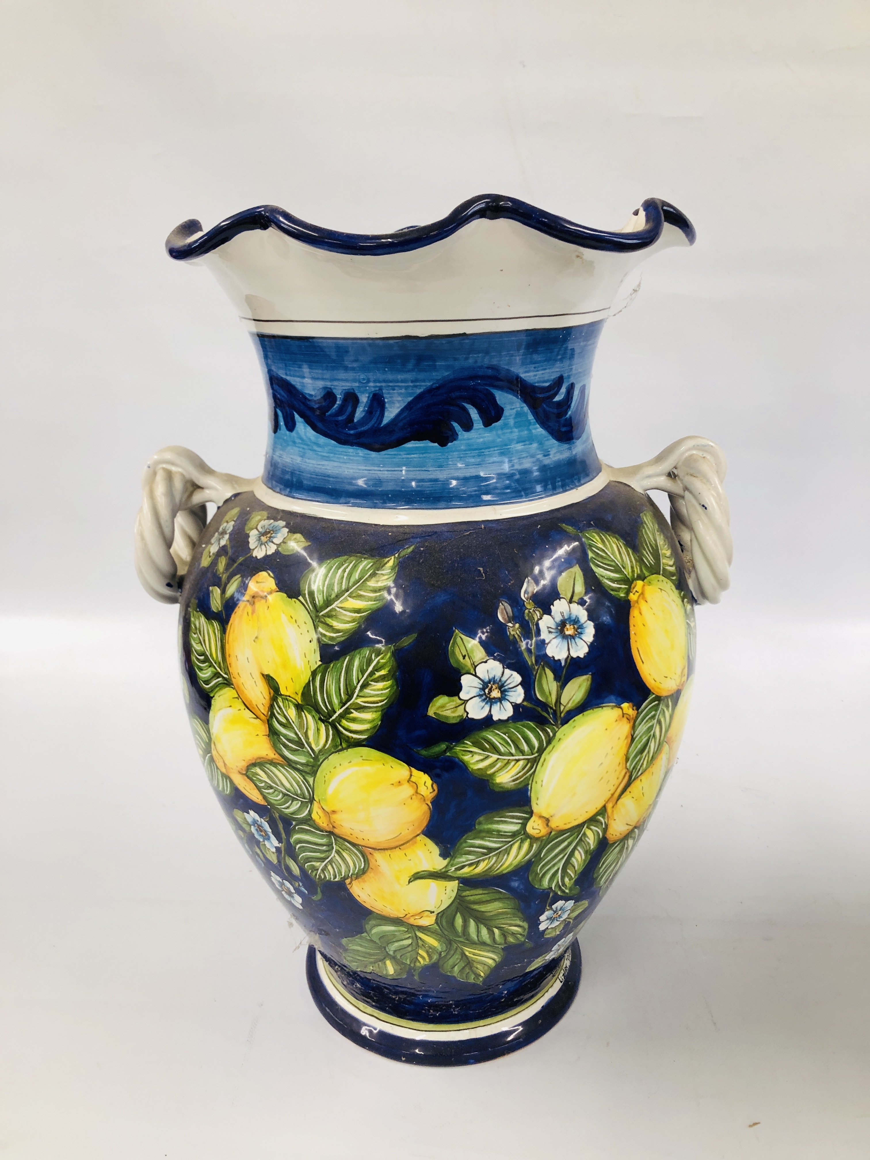 TWO LARGE CONTINENTAL GLAZED VASES ONE DECORATED WITH SUNFLOWERS, H 55.5CM THE OTHER LEMONS, H 56CM. - Image 5 of 9