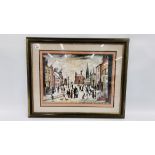 A FRAMED LOWRY PRINT "LANCASHIRE VILLAGE" L 72CM X H 58CM (FRAMED).