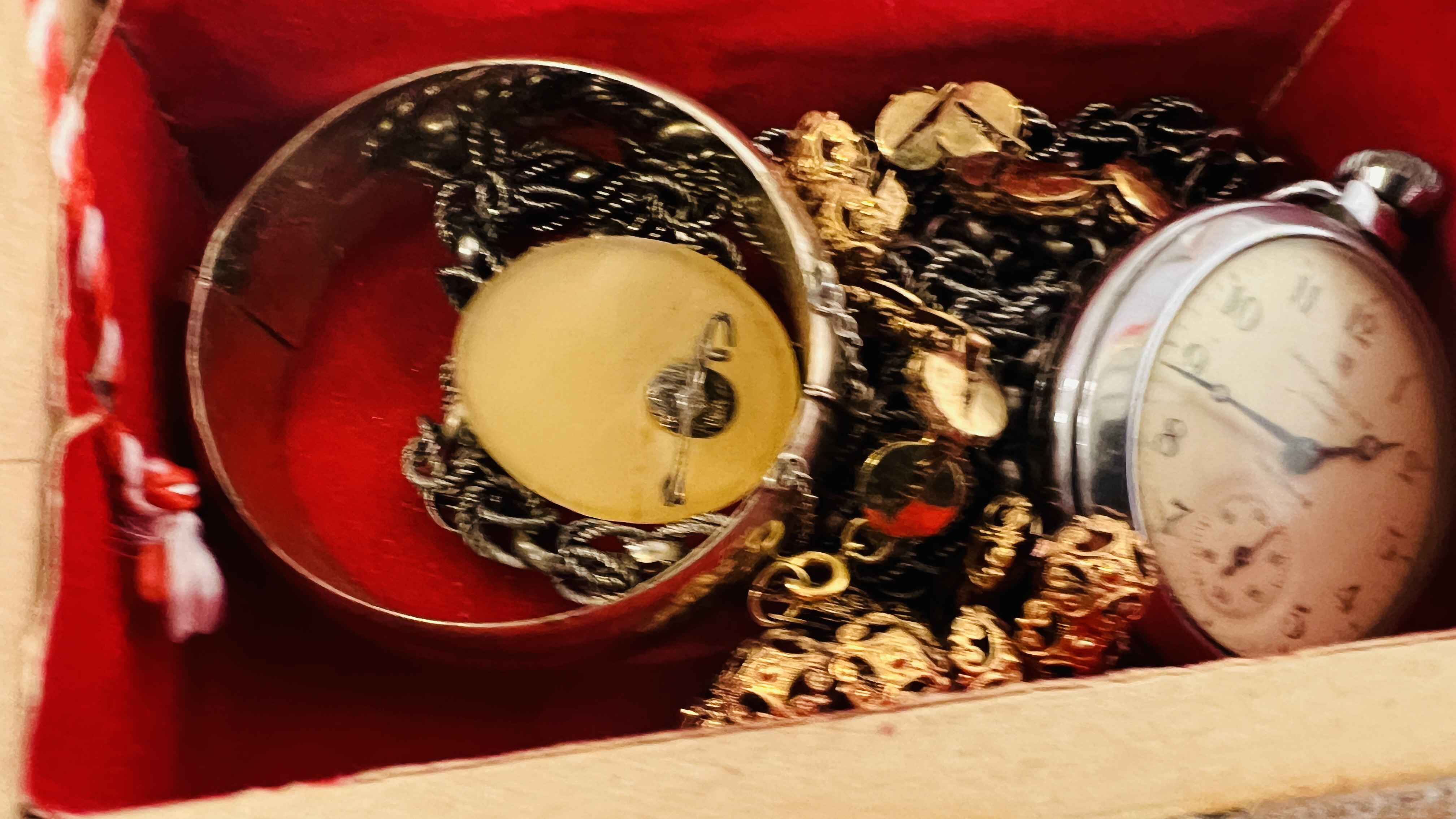 JEWELLERY BOX & CONTENTS TO INCLUDE VINTAGE SILVER HINGED BANGLES, INGERSOLL TRIUMPH POCKET WATCH, - Image 4 of 11