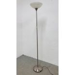 A CHROME FINISH STANDARD LAMP WITH GLASS SHADE - SOLD AS SEEN.