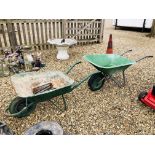 TWO GARDEN WHEEL BARROWS PLUS QUANTITY OF METAL GROUND PINS