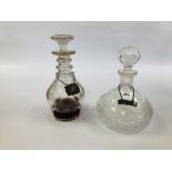 TWO VINTAGE GLASS DECANTERS ALONG WITH TWO SILVER DECANTER LABELS PORT AND SHERRY.