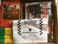 BOX OF SPORTING MEMORABILIA TO INCLUDE FOOTBALL, F1 AND SPEEDWAY.