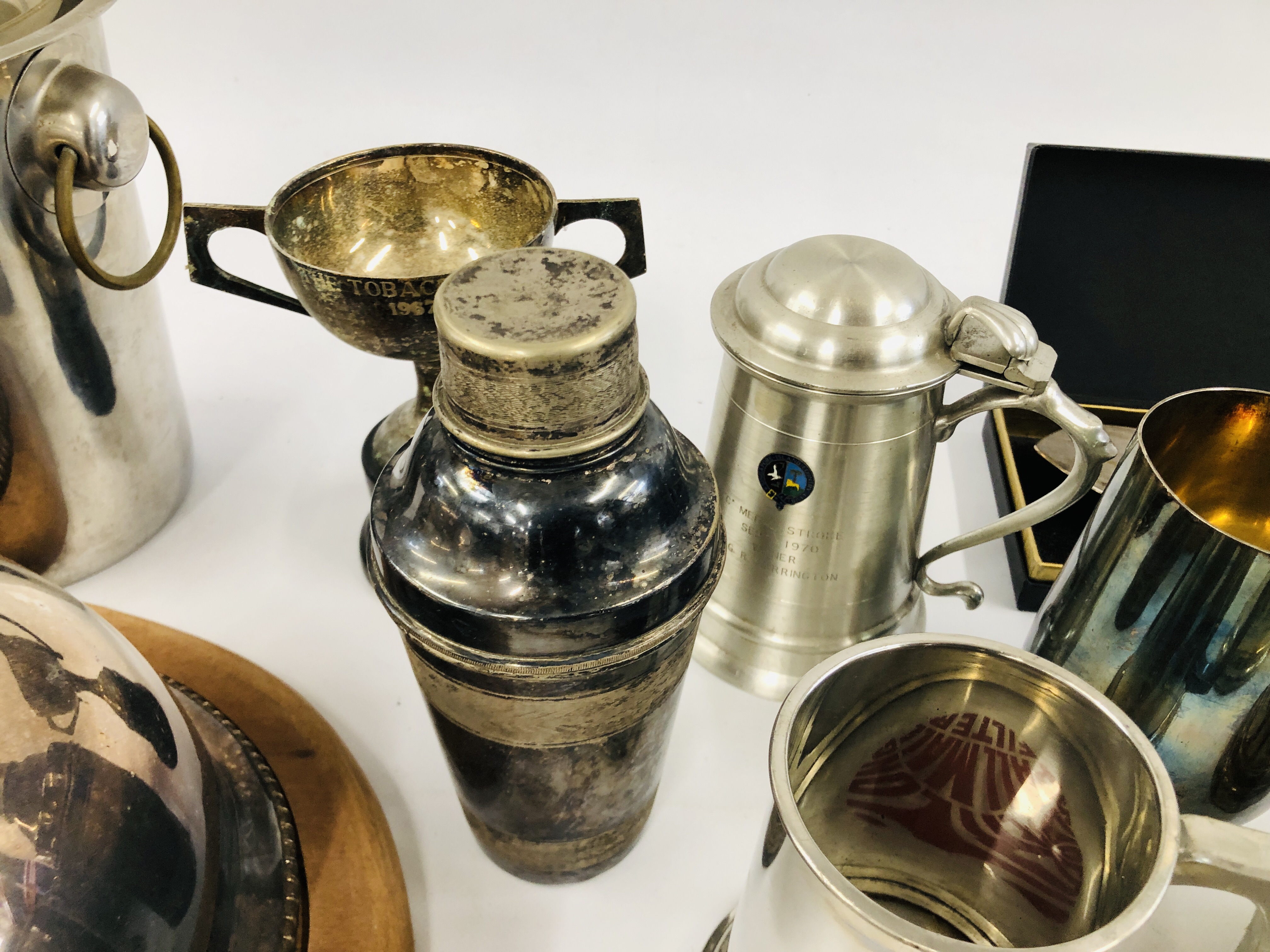 TWO BOXES OF ASSORTED PLATED WARE TO INCLUDE A COCKTAIL SHAKER, TROPHY CUPS AND TANKARDS, - Image 6 of 10