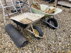 2 X WHEELBARROWS AND QUANTITY OF SISAL ROPE AND PART ROLL OF ROOFING FELT