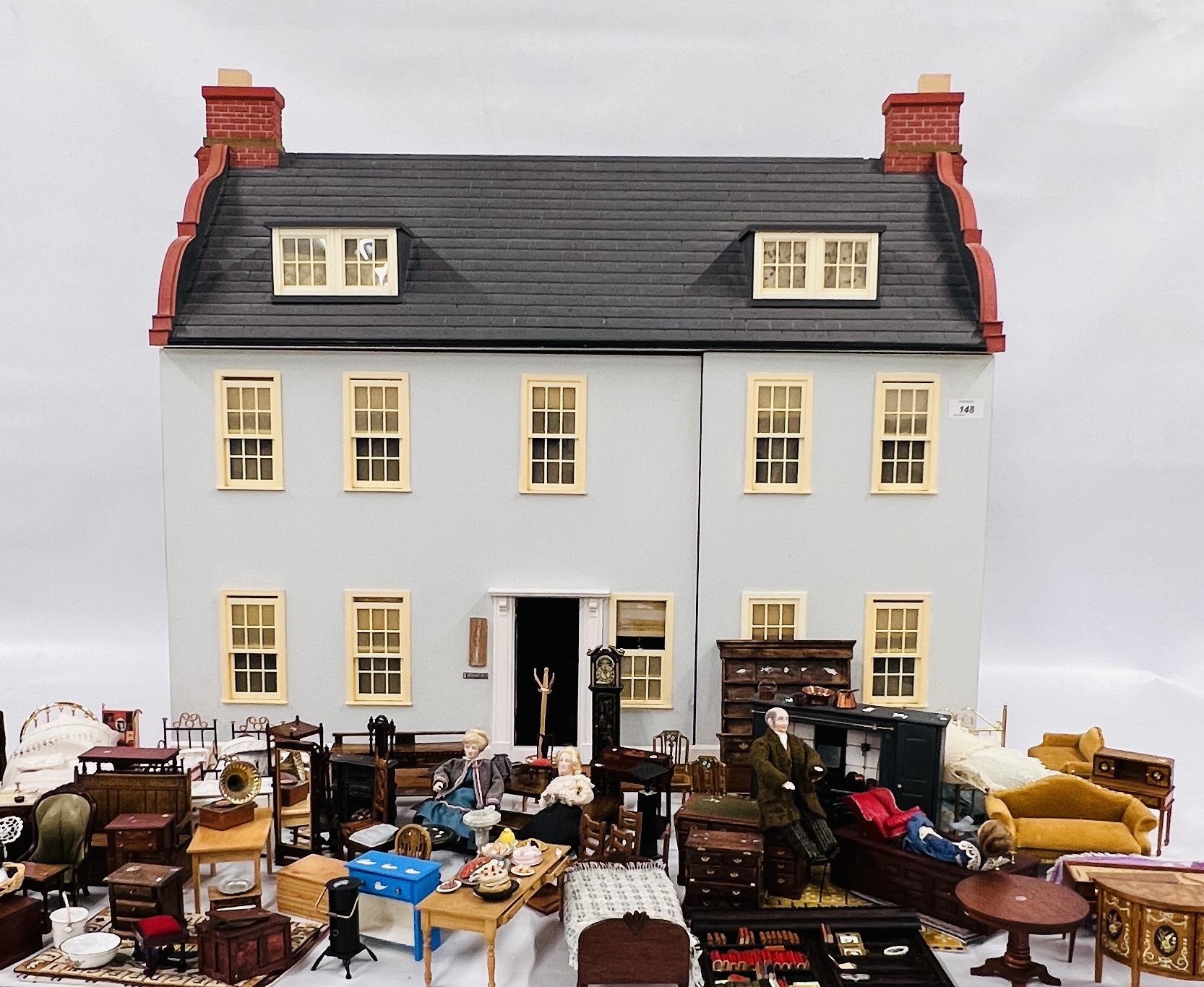 A LARGE DOLLS HOUSE WITH DUTCH GABLES AND ATTIC, BEDROOMS HOBART-COBBE, W 93CM, D 54CM,