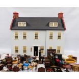 A LARGE DOLLS HOUSE WITH DUTCH GABLES AND ATTIC, BEDROOMS HOBART-COBBE, W 93CM, D 54CM,