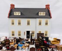 A LARGE DOLLS HOUSE WITH DUTCH GABLES AND ATTIC, BEDROOMS HOBART-COBBE, W 93CM, D 54CM,