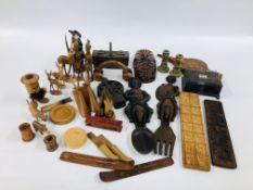BOX OF ASSORTED TREEN TO INCLUDE ANIMAL CARVINGS, HARDWOOD CARVED MASK, MOULDS, ETC.