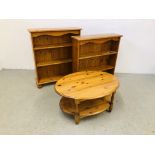 A MODERN HONEY PINE OVAL 2 TIER COFFEE TABLE W 66CM X D 90CM X H 45CM ALONG WITH 2 HONEY PINE