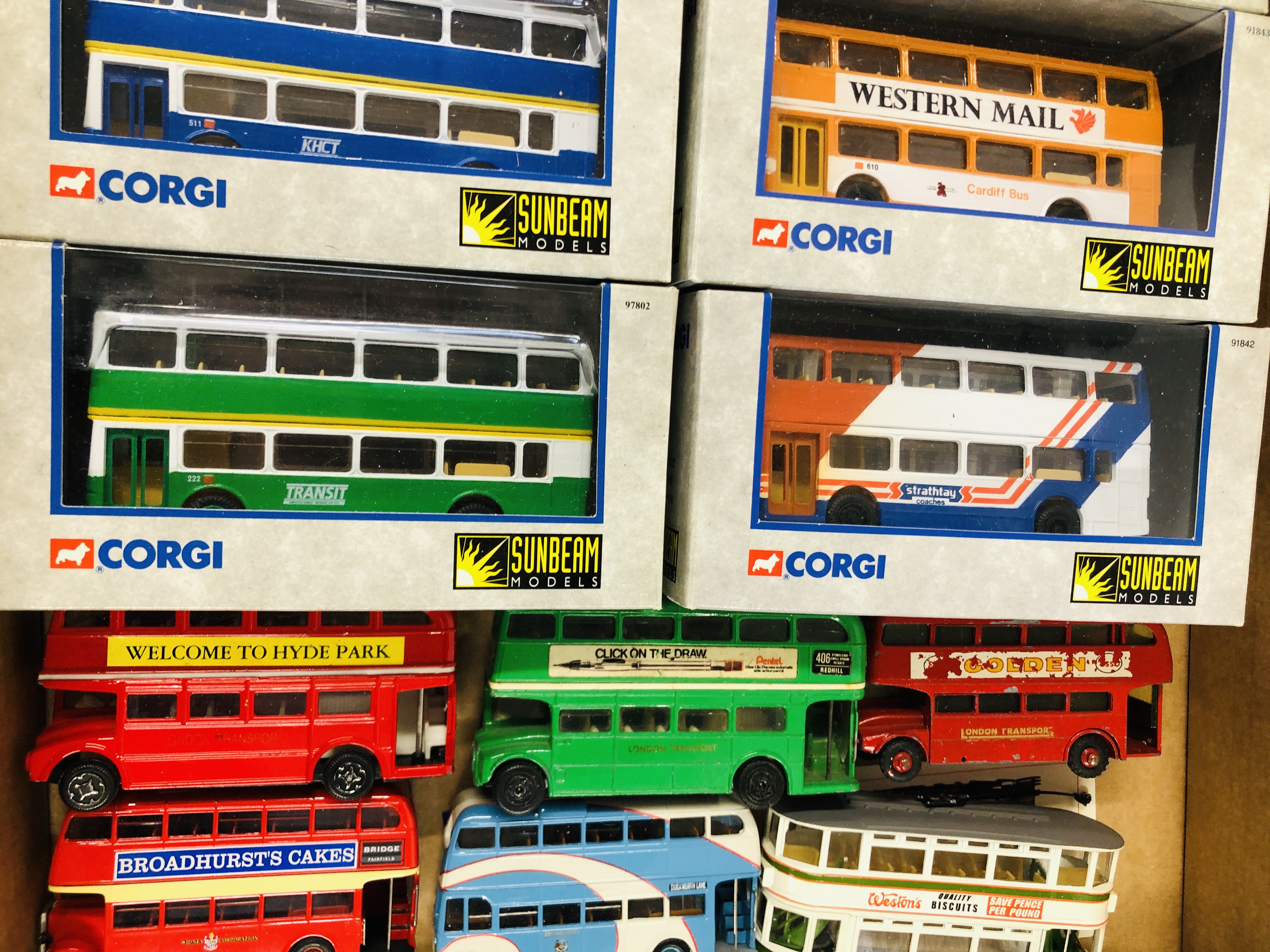 A FRUIT BOX CONTAINING 6 BOXED CORGI BUSSES AND LOOSE. - Image 3 of 4