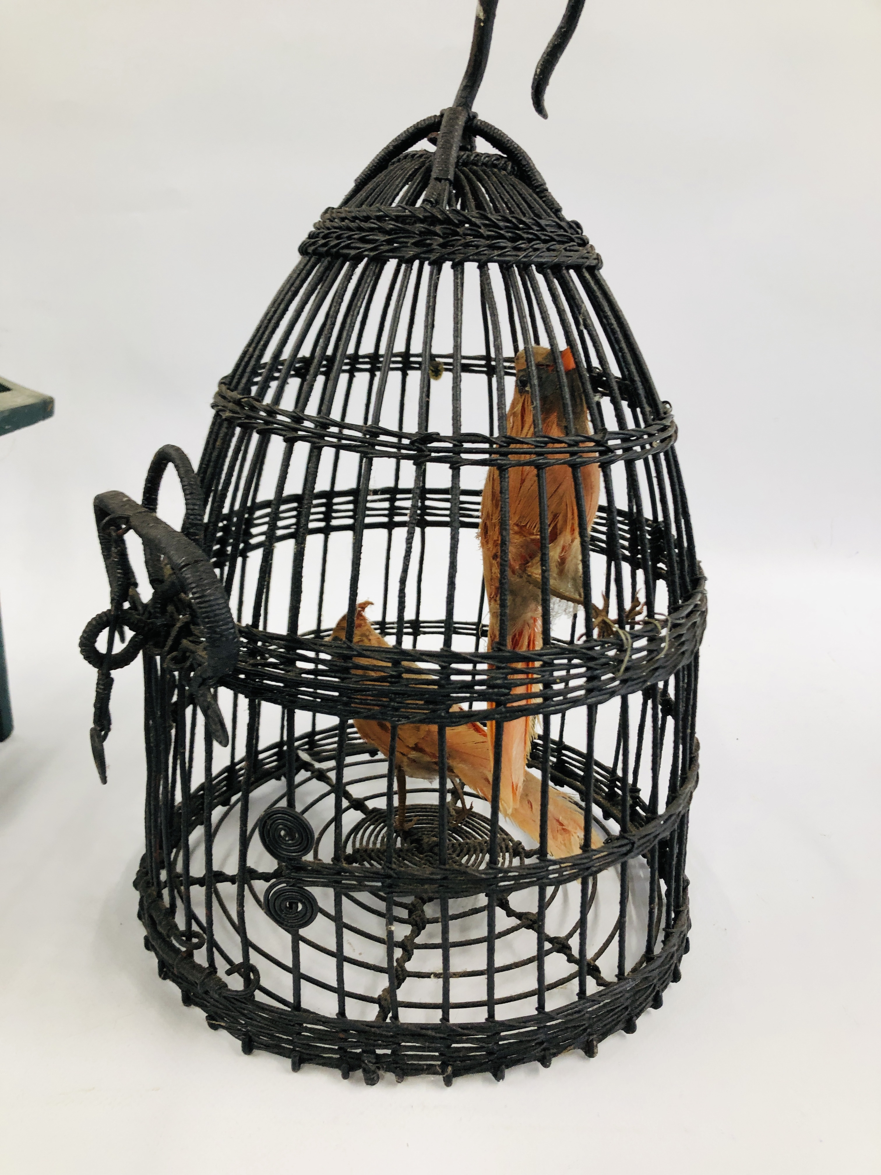 A GROUP OF THREE HAND CRAFTED VINTAGE STYLE BIRD CAGES AND A BELL, ETC. - Image 5 of 9
