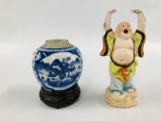 A ORIENTAL BLUE AND WHITE GINGER JAR AND STAND ALONG WITH A JAPANESE BUDDA FIGURE.