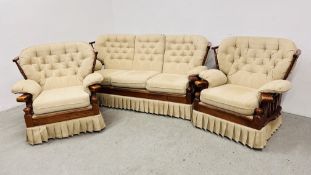 A TIMBER FRAMED THREE PIECE LOUNGE SUITE WITH OATMEAL UPHOLSTERED CUSHIONS.