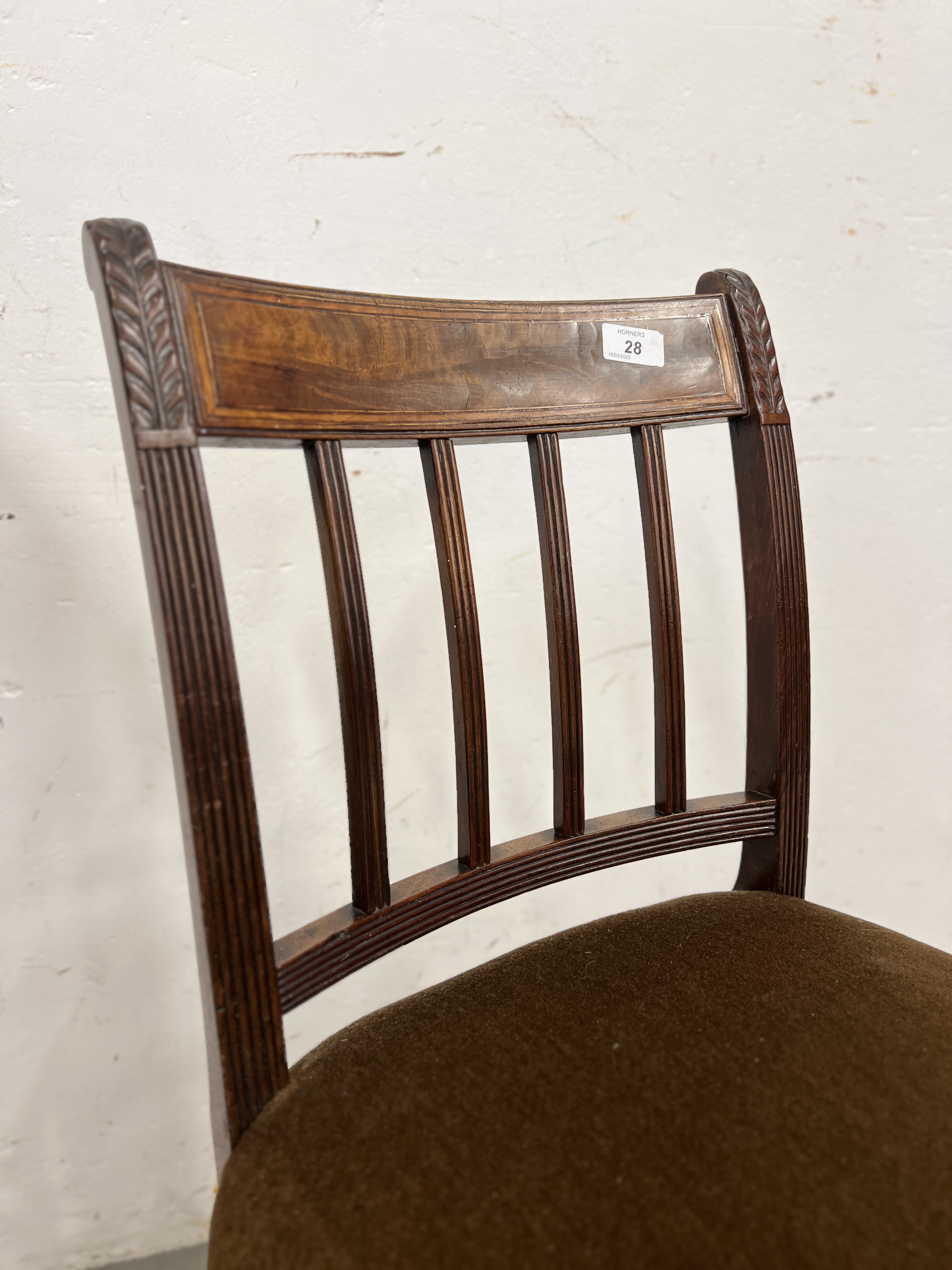 A GEORGIAN MAHOGANY SIDE CHAIR WITH BROWN VELOUR STUFF OVER SEAT ALONG WITH A MAHOGANY PLANT STAND - Image 3 of 8