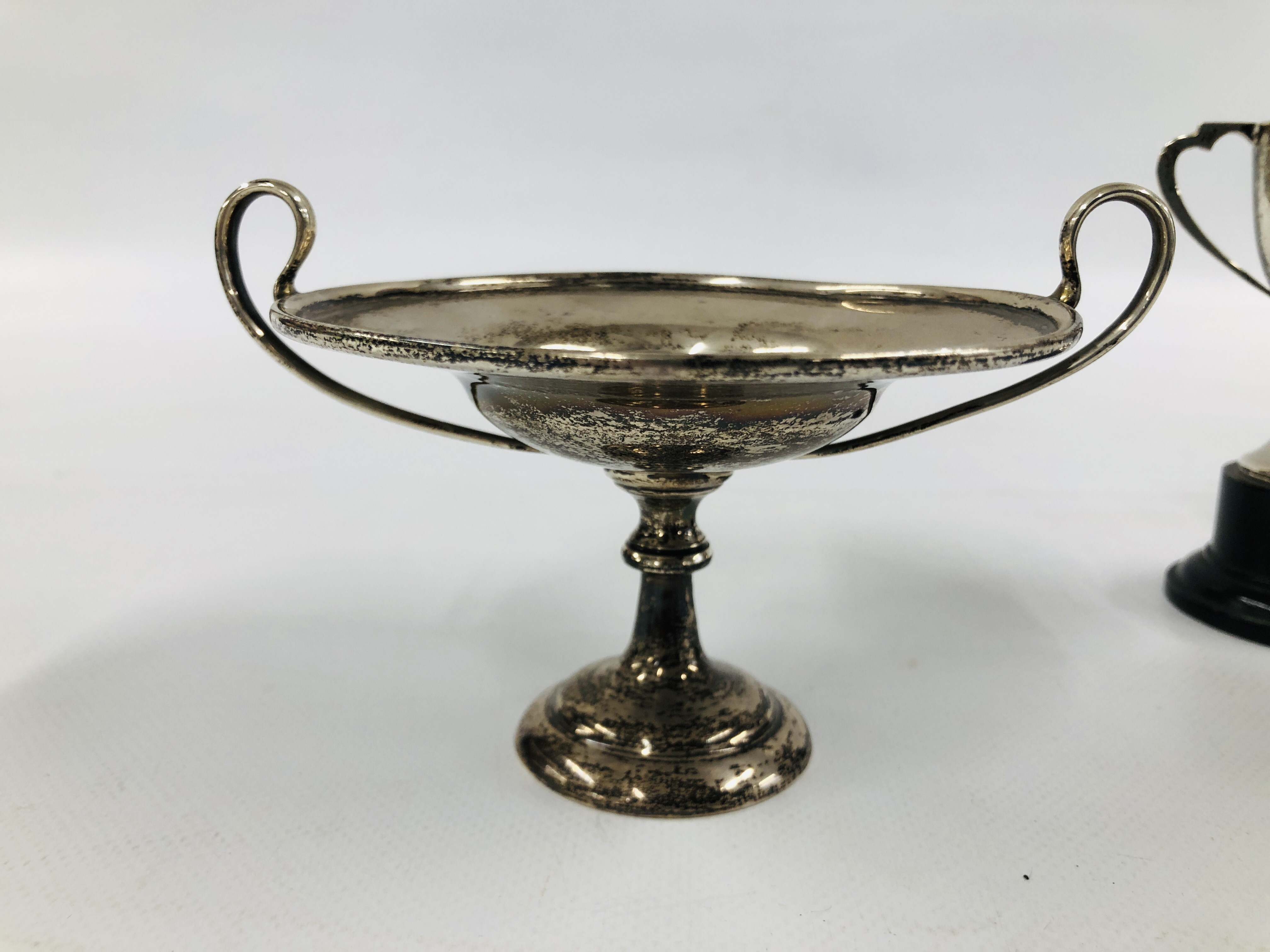 SILVER TWO HANDLED TROPHY CUP, BIRMINGHAM ASSAY ALONG WITH A VINTAGE SILVER PEDESTAL DISH / COMPOTE, - Image 5 of 14