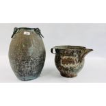 A LARGE MIDDLE EASTERN METAL WARE TWO HANDLED VESSEL H 39CM ALONG WITH A FURTHER EXAMPLE HAVING A