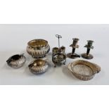 A GROUP OF INDIAN WHITE METAL DECORATIVE WARES ALL WITH MATCHING EMBOSSED DESIGN TO INCLUDE PAIR OF