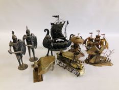 A GROUP OF 8 HAND CRAFTED METAL WORK ORNAMENTS TO INCLUDE A TRAIN, WINDMILL, VIKING SHIP,