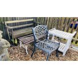 A WEATHERED WOODEN GARDEN BENCH LENGTH 140CM, A CAST METAL GARDEN CHAIR,