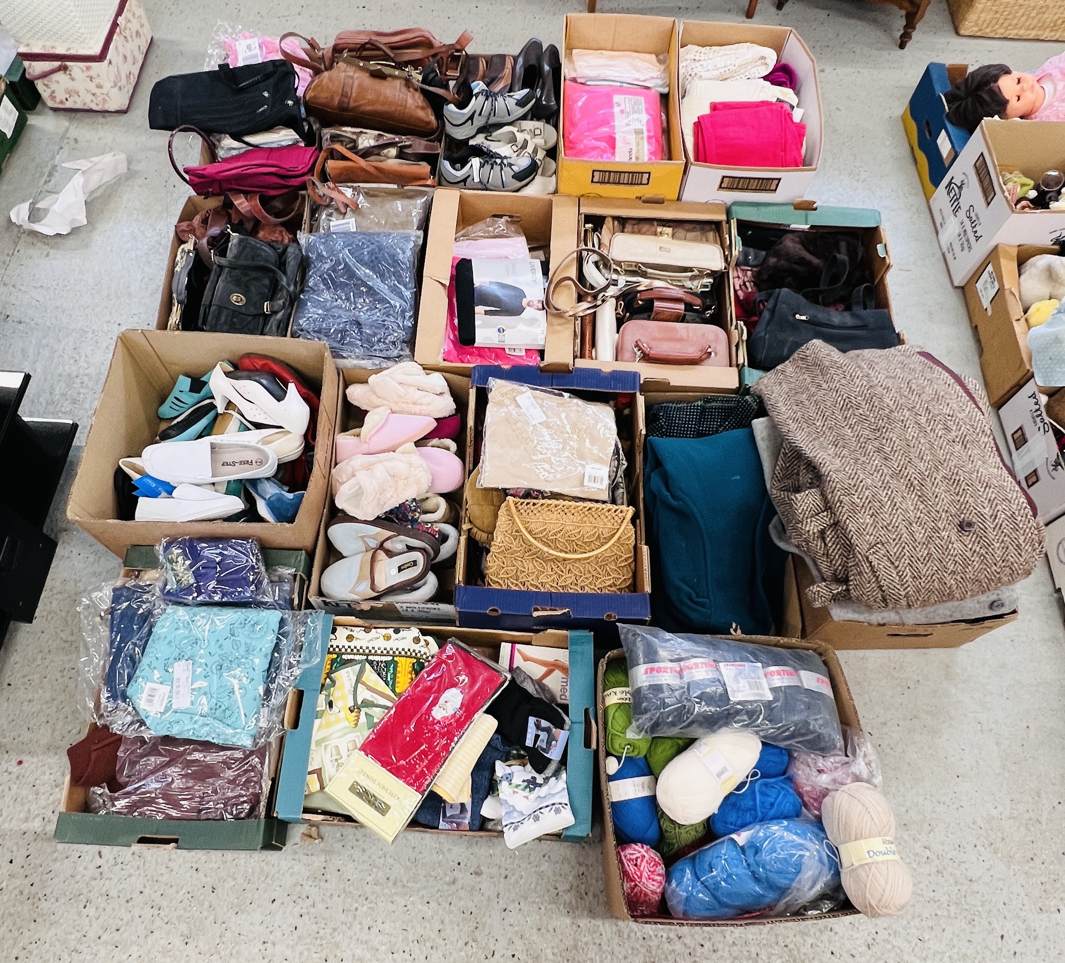 17 X BOXES OF ASSORTED CLOTHING, SHOES & BAGS MANY PACKAGED EXAMPLES + ONE BOX OF WOOL ETC.