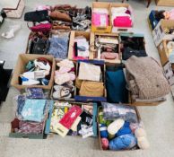 17 X BOXES OF ASSORTED CLOTHING, SHOES & BAGS MANY PACKAGED EXAMPLES + ONE BOX OF WOOL ETC.