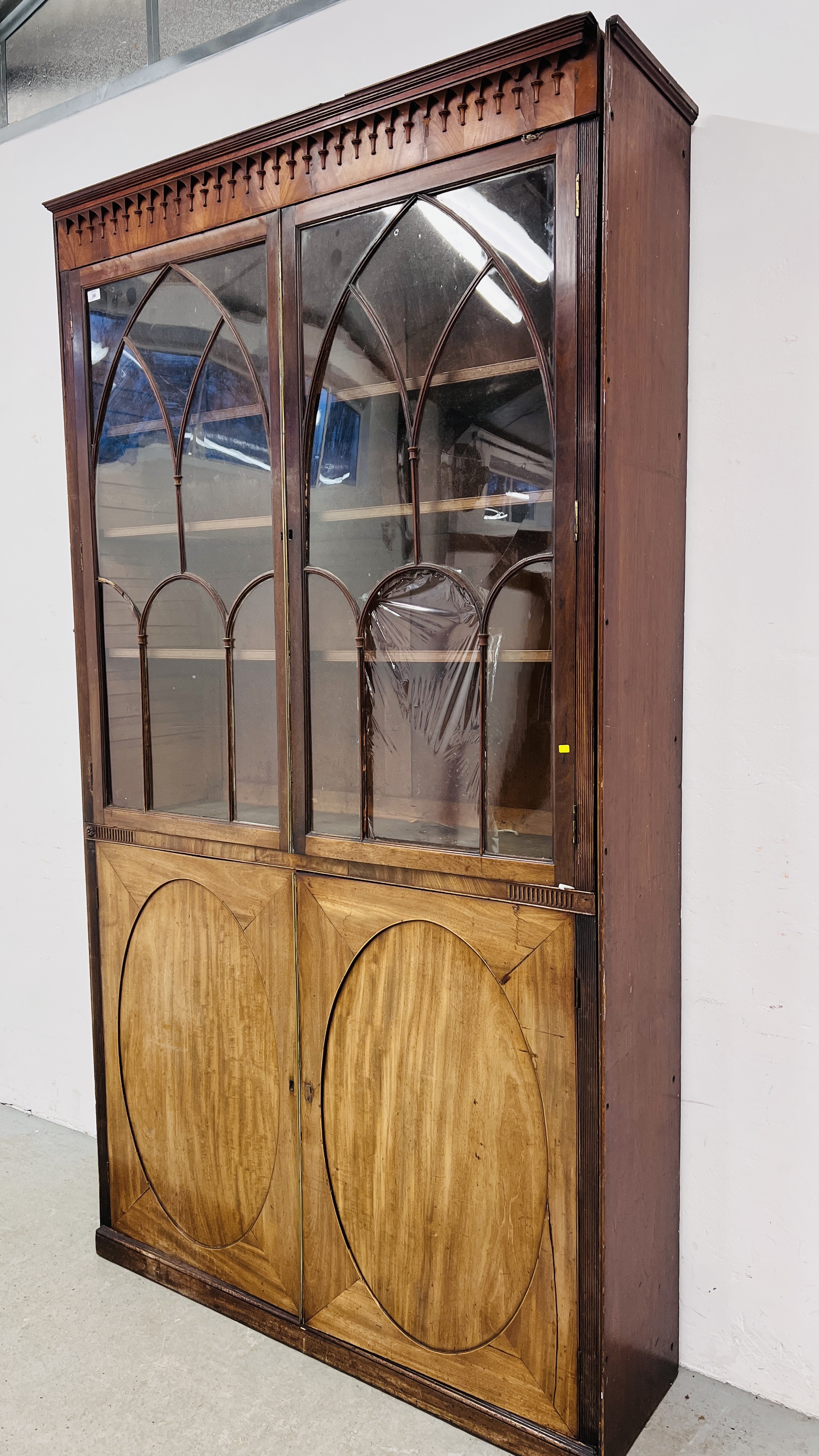 A GEORGE III MAHOGANY BOOKCASE WITH DOUBLE CUPBOARD BELOW, - Image 6 of 11