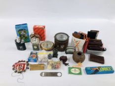 BOX OF ASSORTED COLLECTIBLES TO INCLUDE VINTAGE WALLETS AND PURSES, GLASSES, BAROMETER,