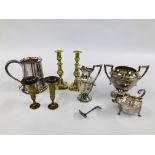 A PAIR OF BRASS CANDLE STICKS ALONG WITH A PAIR OF BRASS AND COPPER FLUTE VASES, LARGE SILVER PLATE,