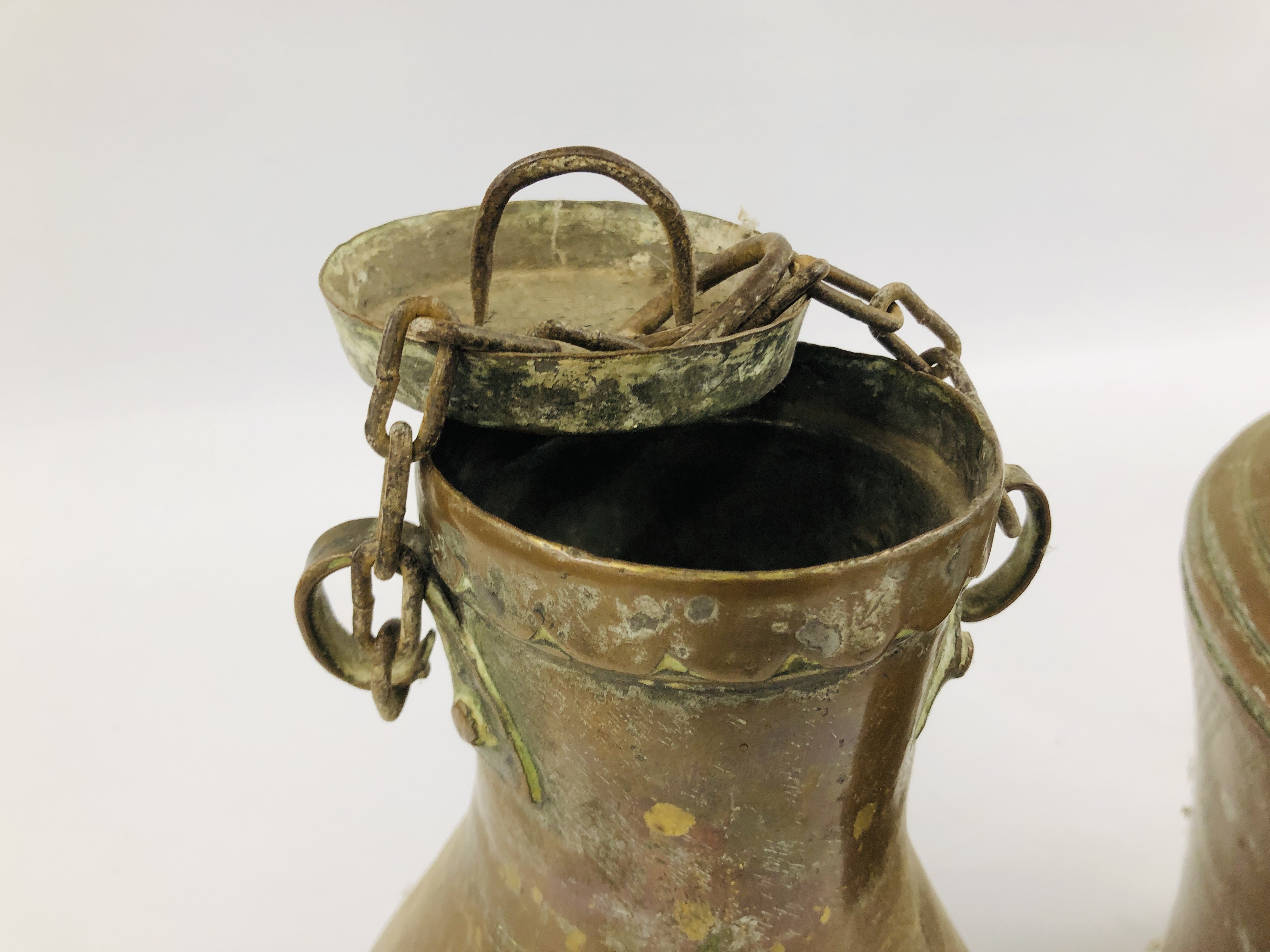 A LARGE MIDDLE EASTERN METAL WARE BUCKET, H 32CM AND SIMILAR WATER CARRIER, H 35CM. - Image 3 of 6