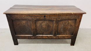 A LATE C17TH OAK COFFER, THREE PANELLED FRONT - W 121CM X D 48CM X H 65CM.