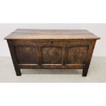 A LATE C17TH OAK COFFER, THREE PANELLED FRONT - W 121CM X D 48CM X H 65CM.